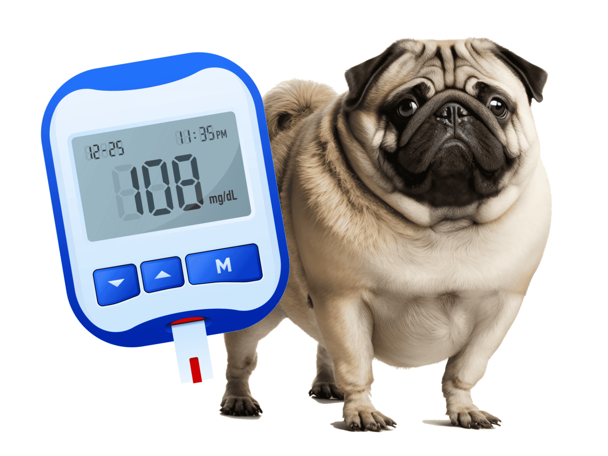 Dog with glucose meter for diabetic management.