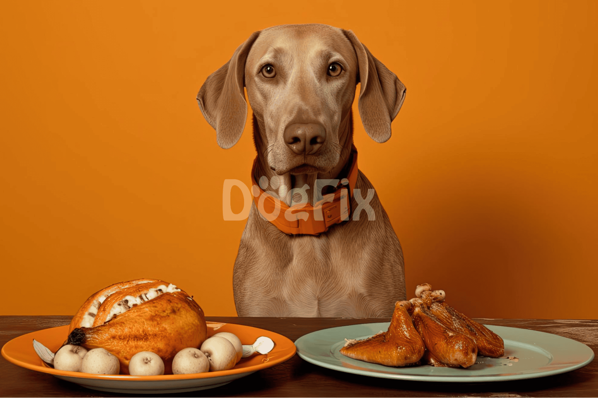 Beautiful Vizsla dog sitting in front of a Thanksgiving feast.