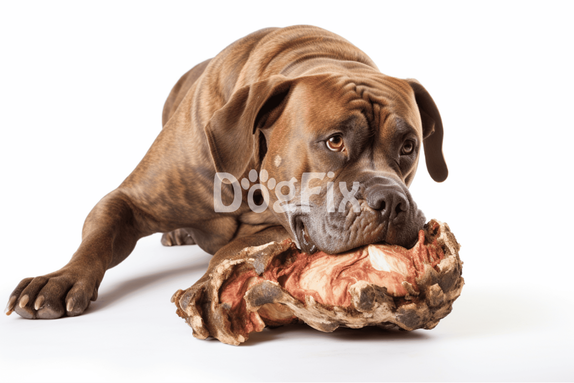 Alt text: playful brown dog chewing on a large rawhide bone.
