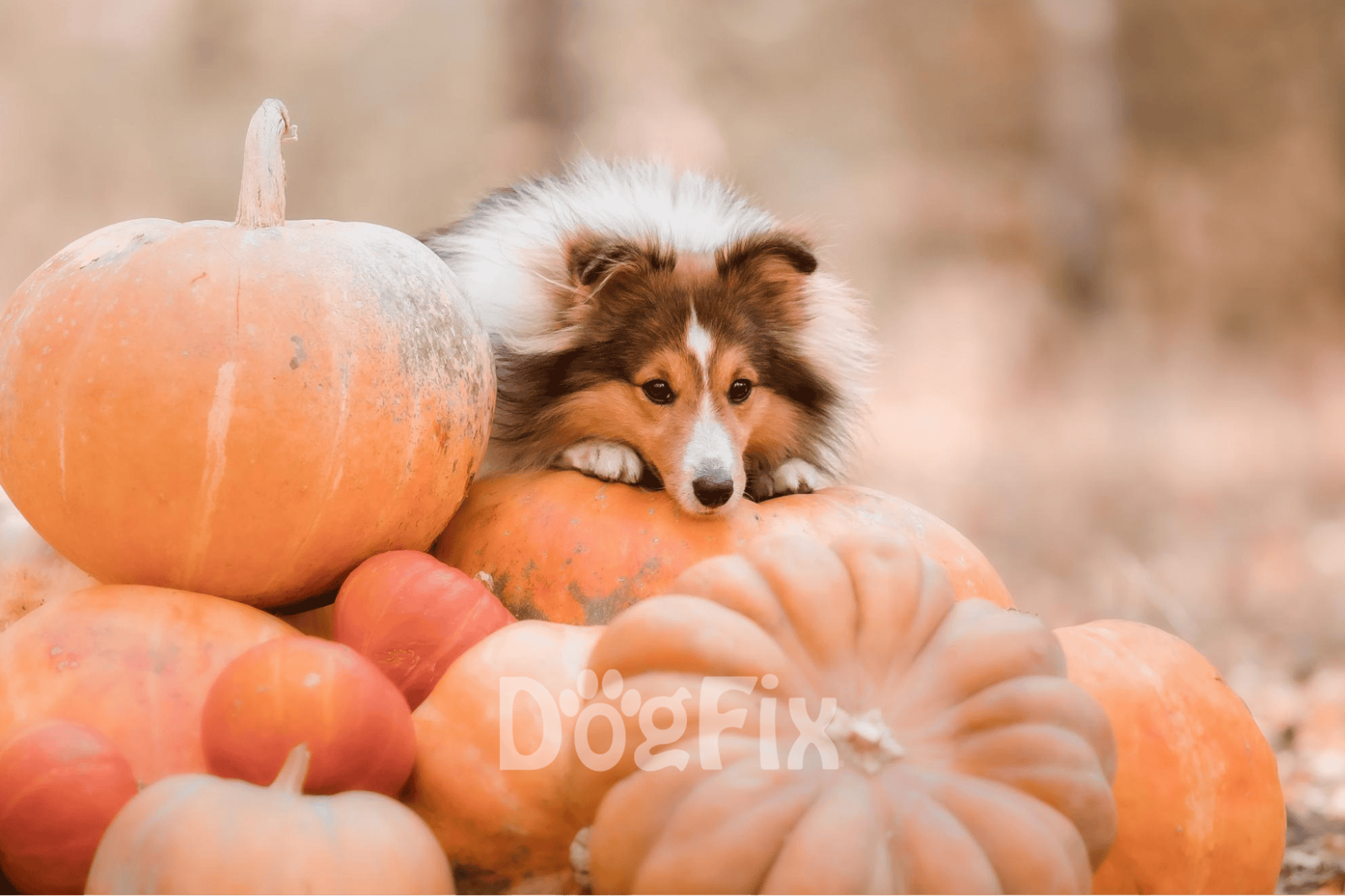 Adorable puppy lying on pumpkins, perfect for fall and Halloween themes.