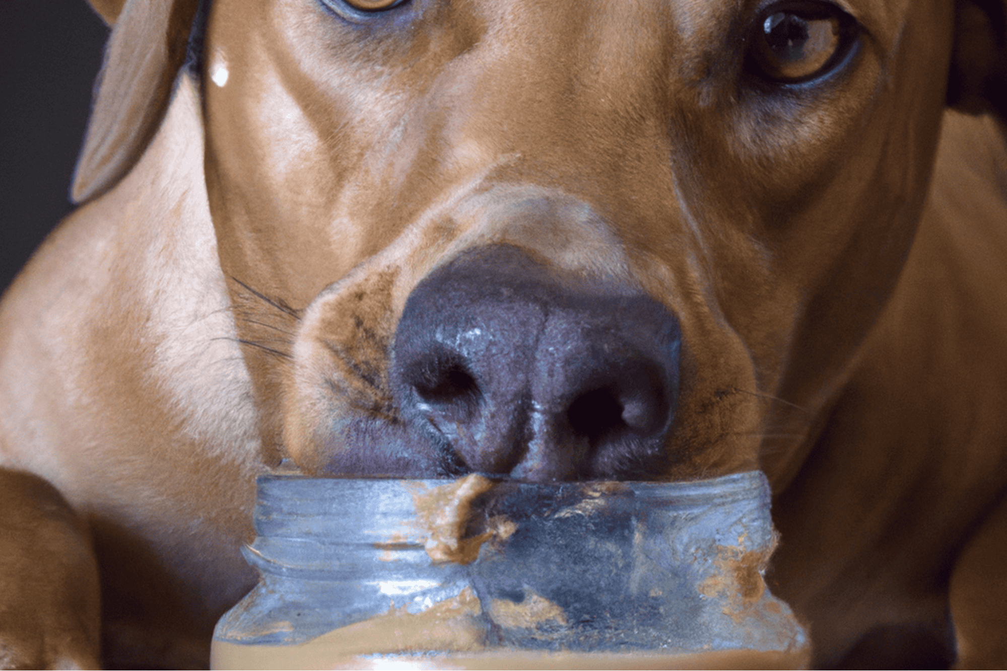 Dog eating peanut butter from jar, close-up.