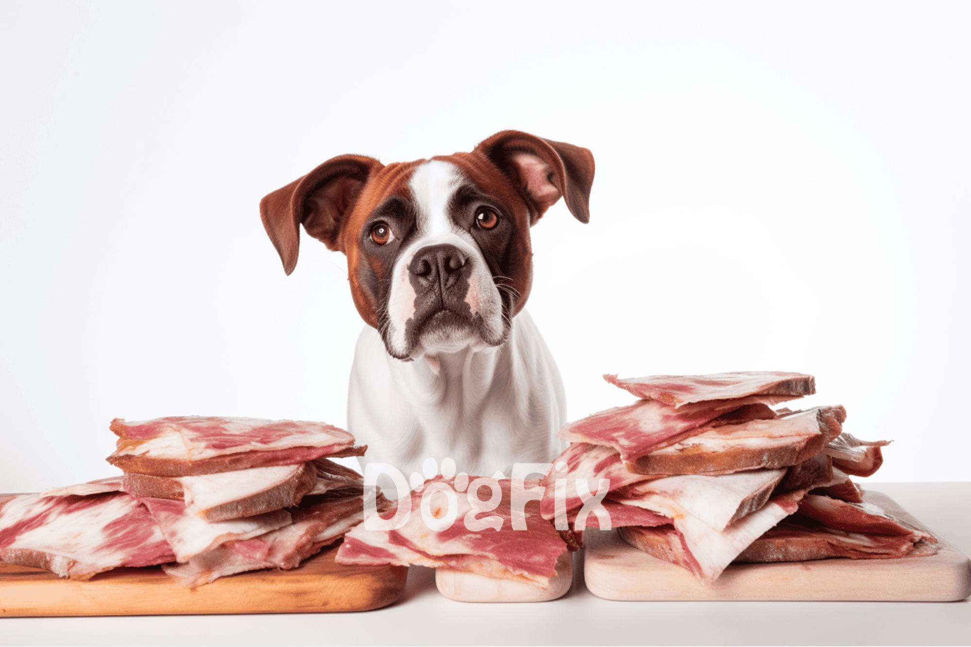 Dog eating raw meat - Pet nutrition and dietary supplements for dogs.
