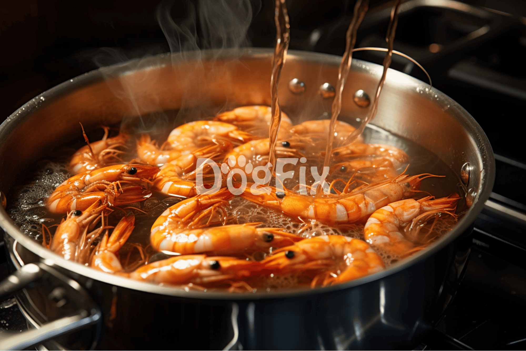 Fresh shrimp boiling in a stainless skillet, steaming hot with bubbles and aromatic vapor.