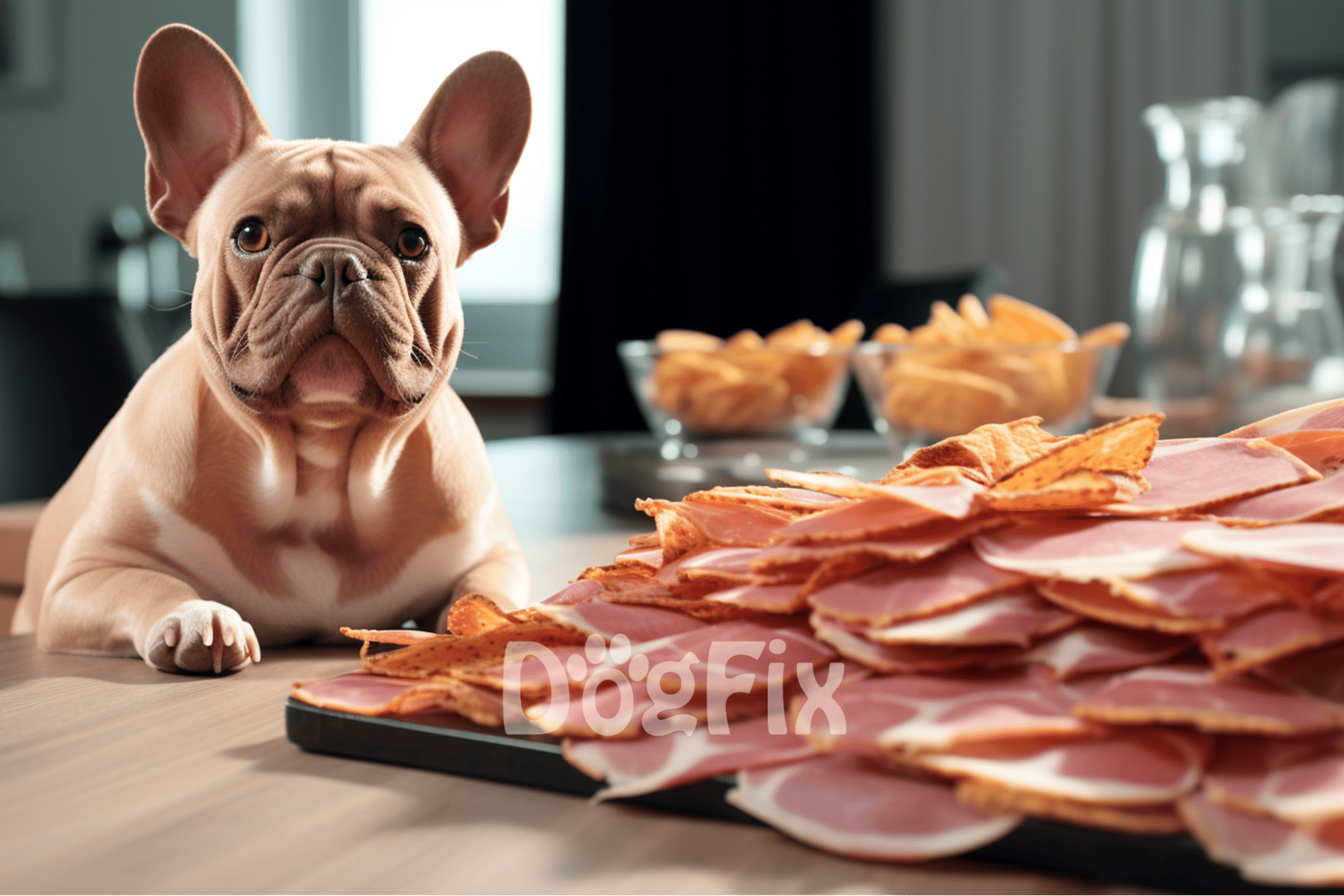 Adorable French Bulldog puppy with a pile of sliced meats on a table, emphasizing pet-friendly food choices.