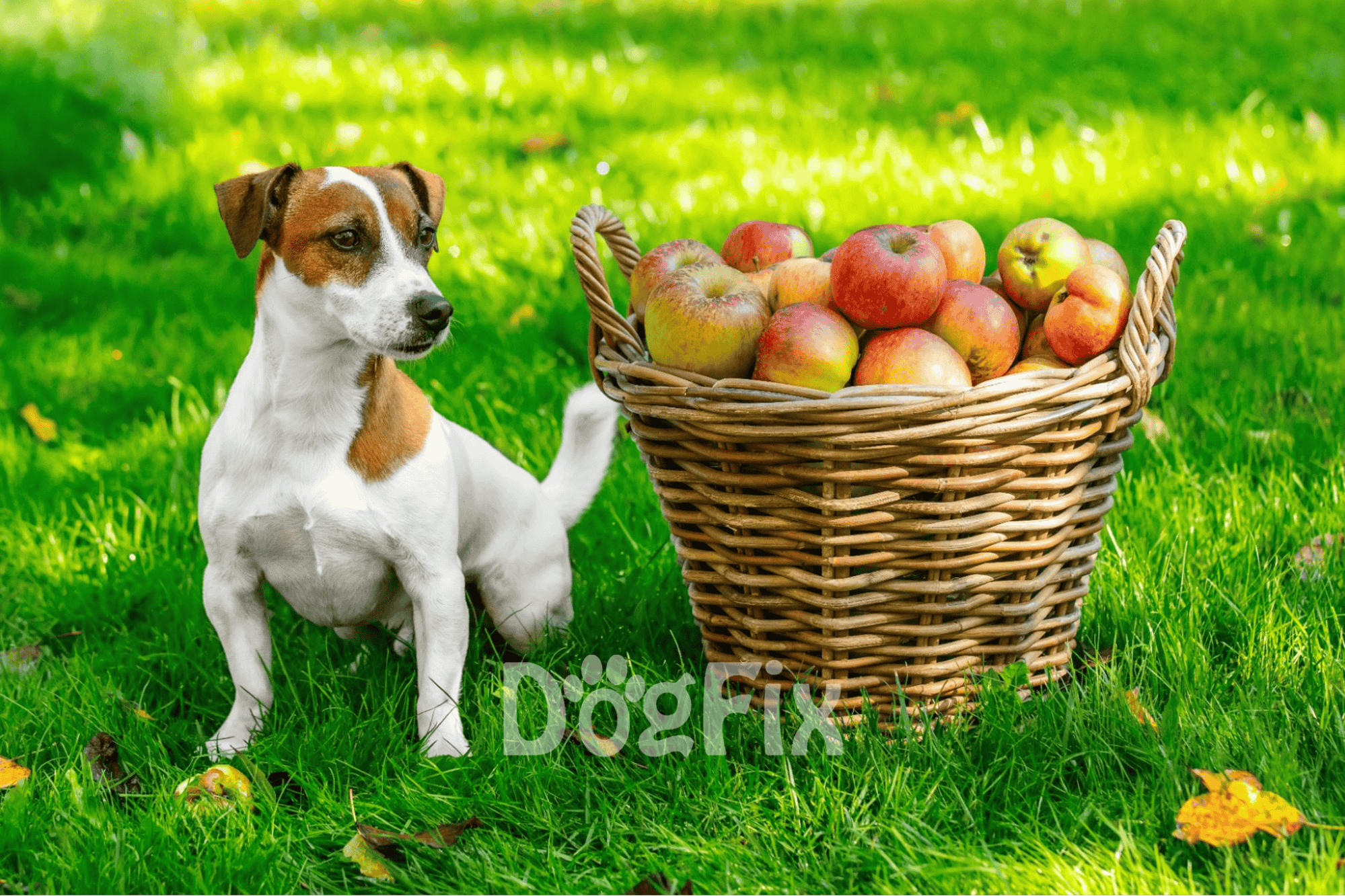 Bright image of a puppy sitting next to a basket of fresh apples on lush green grass.