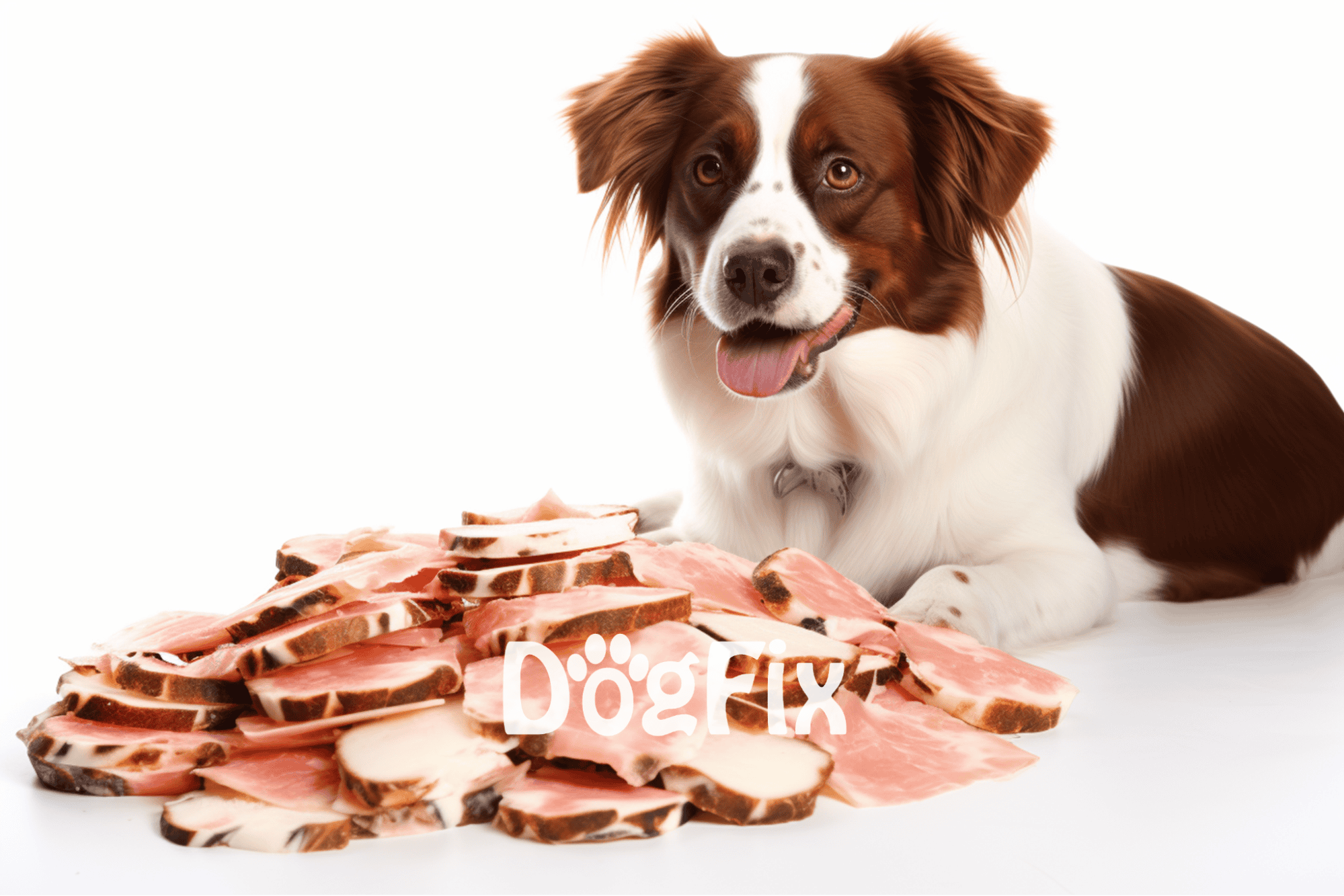 Dog with slices of raw meat for a healthy diet, promoting pet nutrition and wellness.