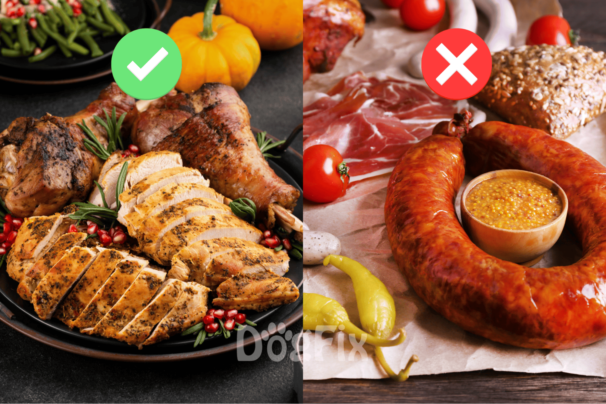 Close-up of cooked grilled chicken, vegetables, and autumn pumpkins on a dark background.