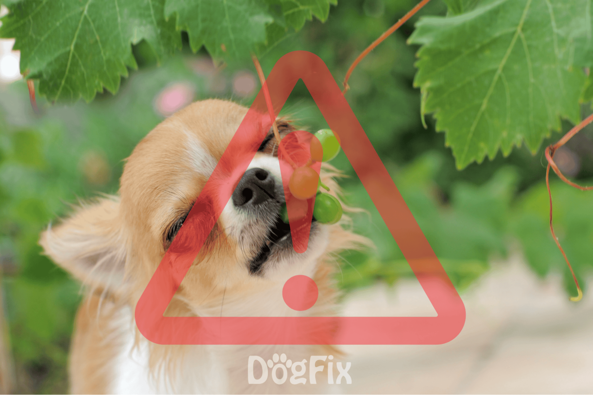 Dog chewing grapes, caution dangerous for dogs.