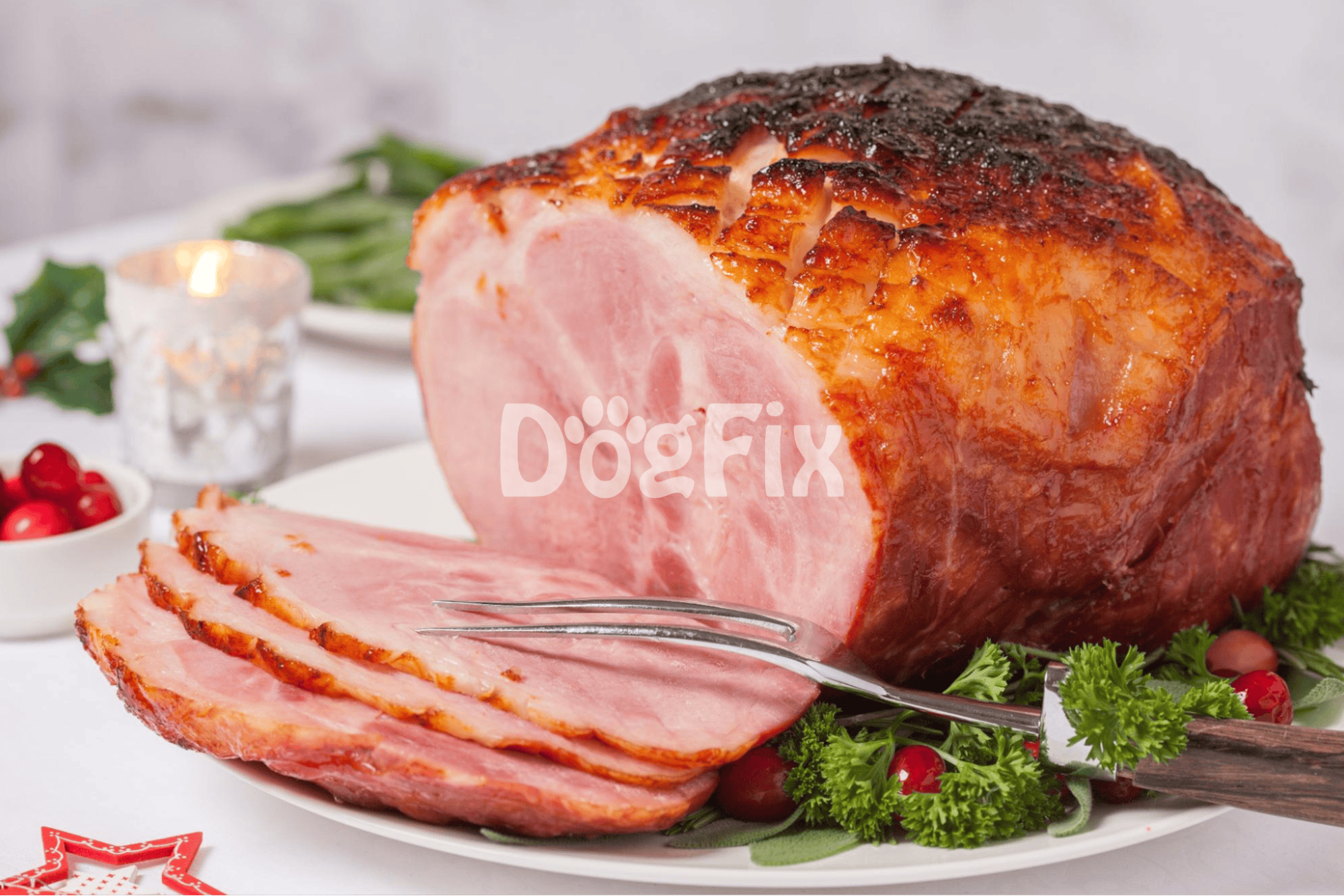 Delicious holiday ham slices on a festive white plate, perfect for dog-friendly holiday treats.