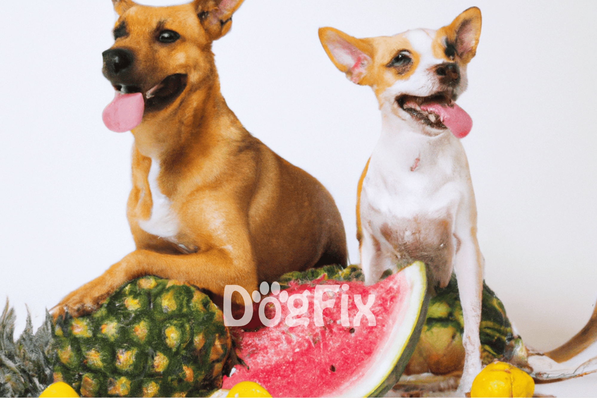 Adorable dogs with watermelons and pineapples, showcasing healthy pet treats and lifestyle.
