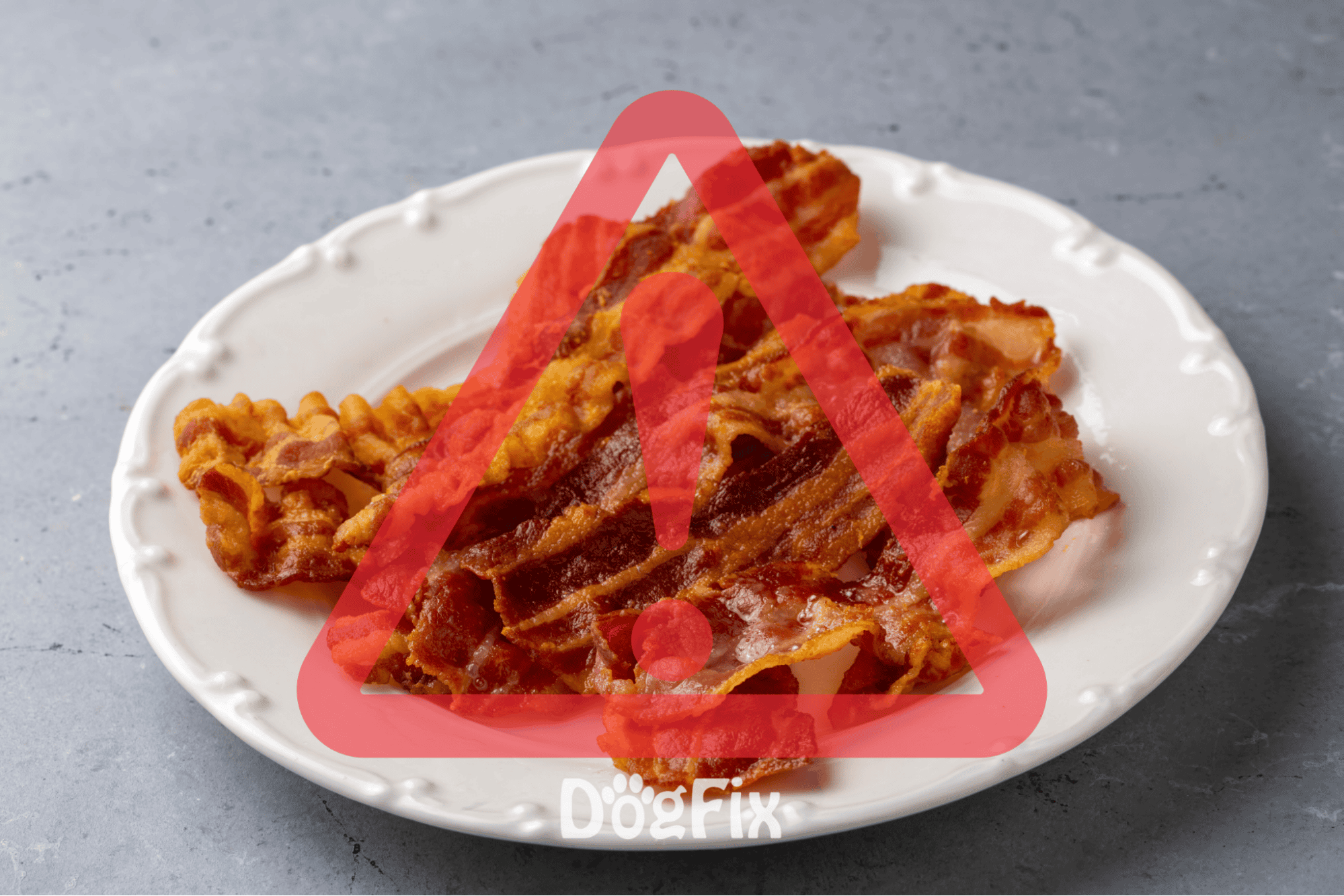 Close-up of bacon on a white plate with a red warning overlay, indicating potential hazards of feeding bacon to dogs.
