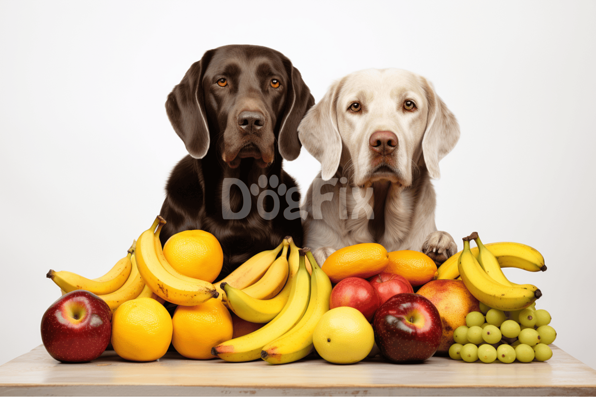 Adorable Labrador and Golden Retriever puppies sitting behind an assortment of fresh fruits on a wooden table.