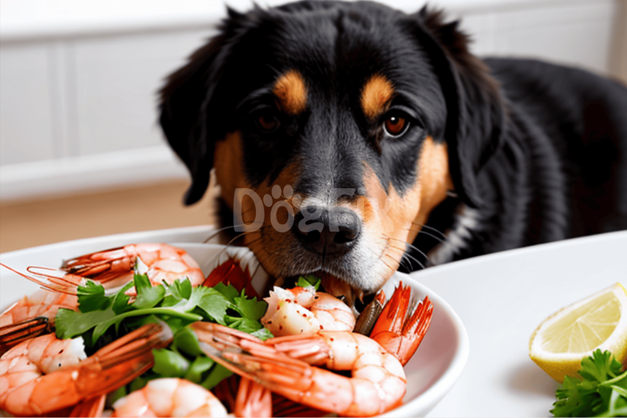 DOG seafood dog food, healthy diet for dogs, seafood, prawns, lemon, pet nutrition.
