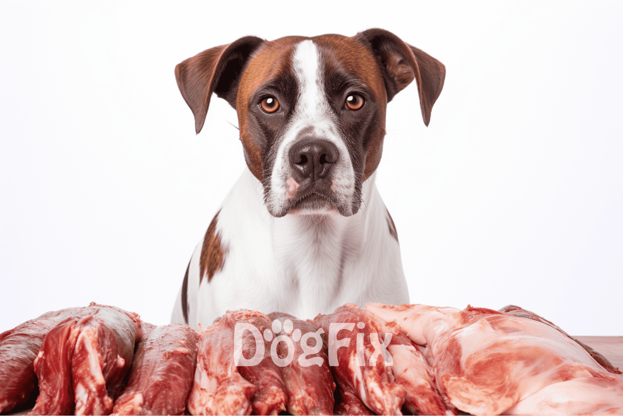 Close-up of a dog with raw meat cuts on a table.