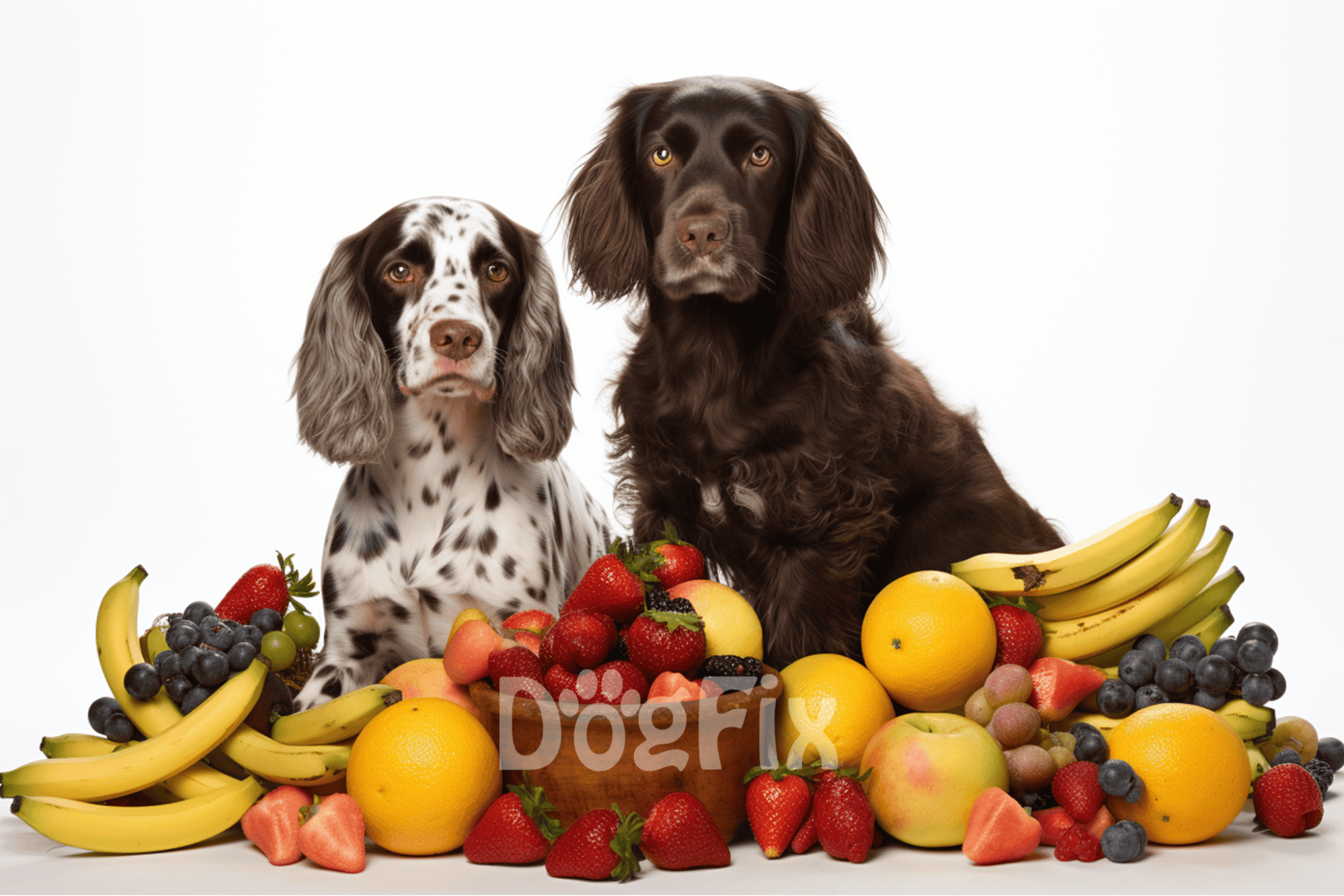 Adorable dogs surrounded by fresh fruits for a healthy diet.