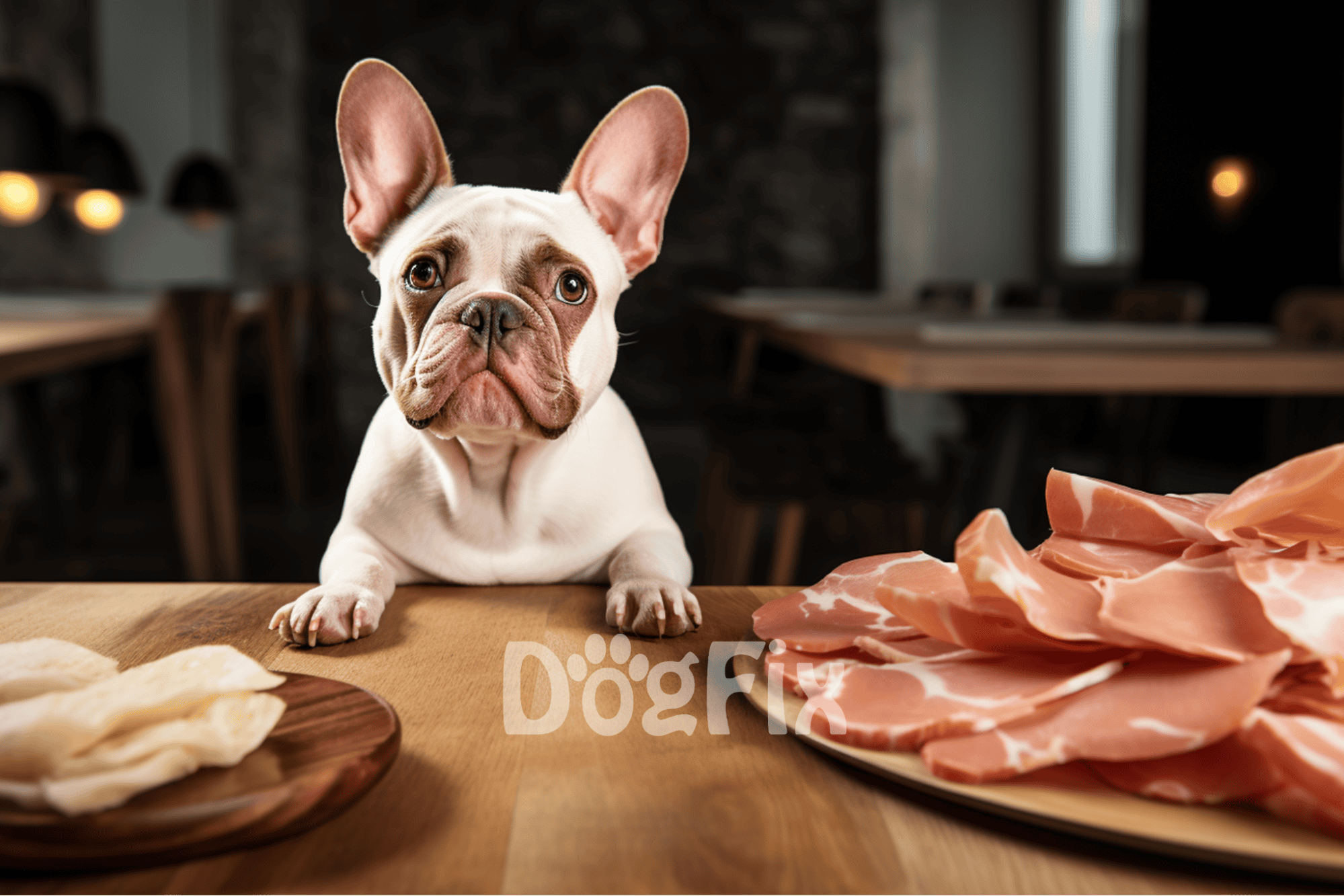 Adorable French Bulldog with raw meat and cheese, perfect for dog nutrition tips.