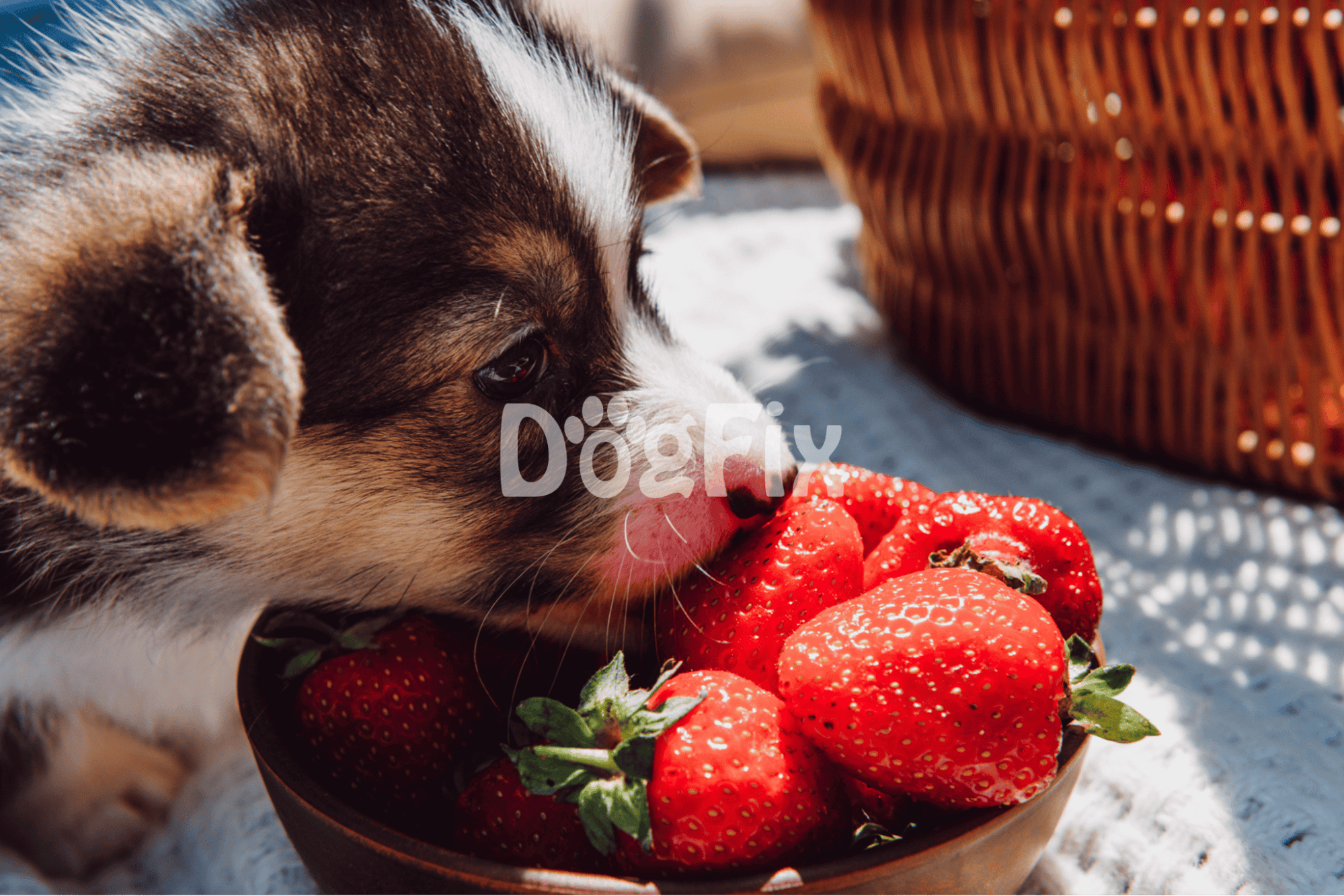 Adorable puppy licking fresh strawberries in a bowl outdoors.