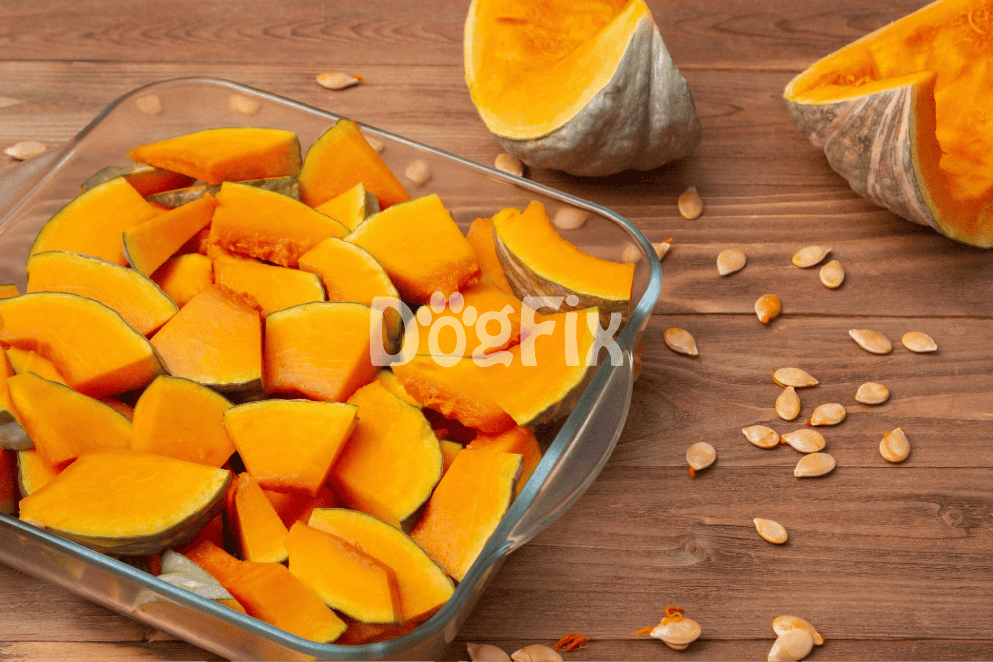 Fresh pumpkin pieces in glass dish with pumpkin seeds on wooden background.