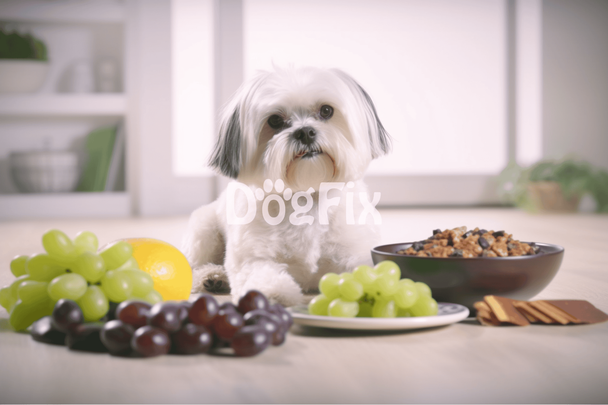 Cute small dog with fresh grapes, apple, and nutritious dog food in bright modern kitchen.