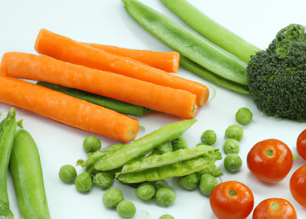 Healthy vegetables for dog diets, including carrots, peas, broccoli, and green beans.