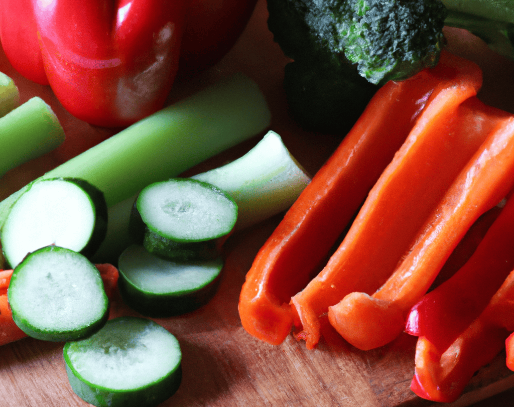 Colorful sliced vegetables including cucumber, bell peppers, broccoli, and carrots.