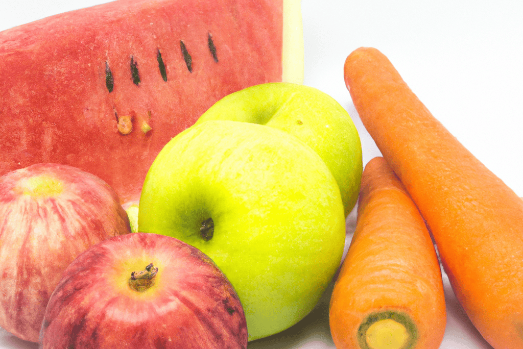 Healthy fruits for dog diet including apples, carrots, and watermelon ingredients.