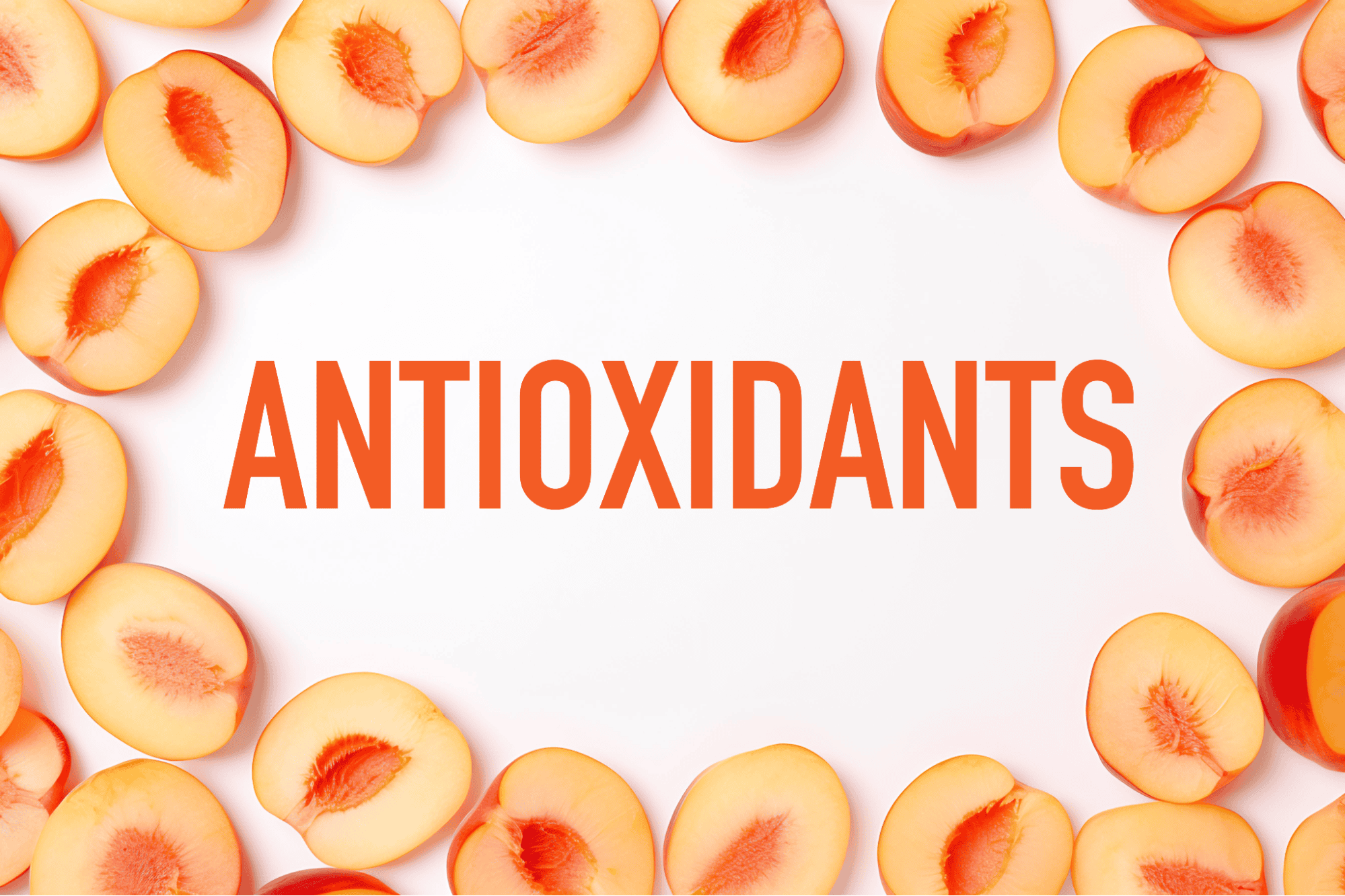 Fresh peach halves arranged in a circle, emphasizing antioxidants and nutritional value for healthy living.