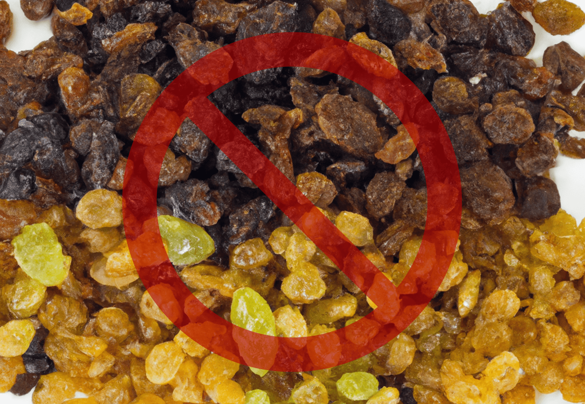 Close-up of dog food with a red "no" symbol, emphasizing avoid low-quality ingredients.