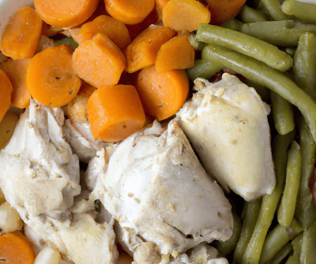 Dog food, chicken, carrots, green beans, healthy, nutritious, pet meal.