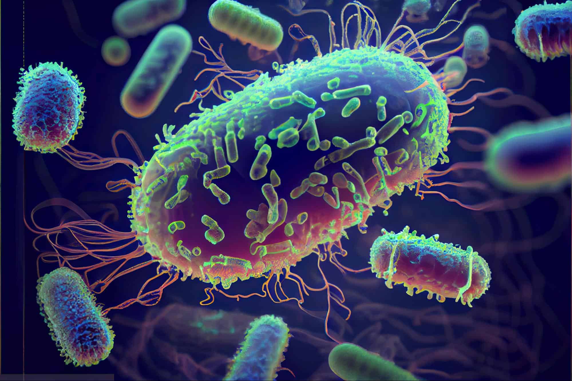 Colorful microscopic germs of bacteria and viruses in a digital illustration, emphasizing health and disease control.