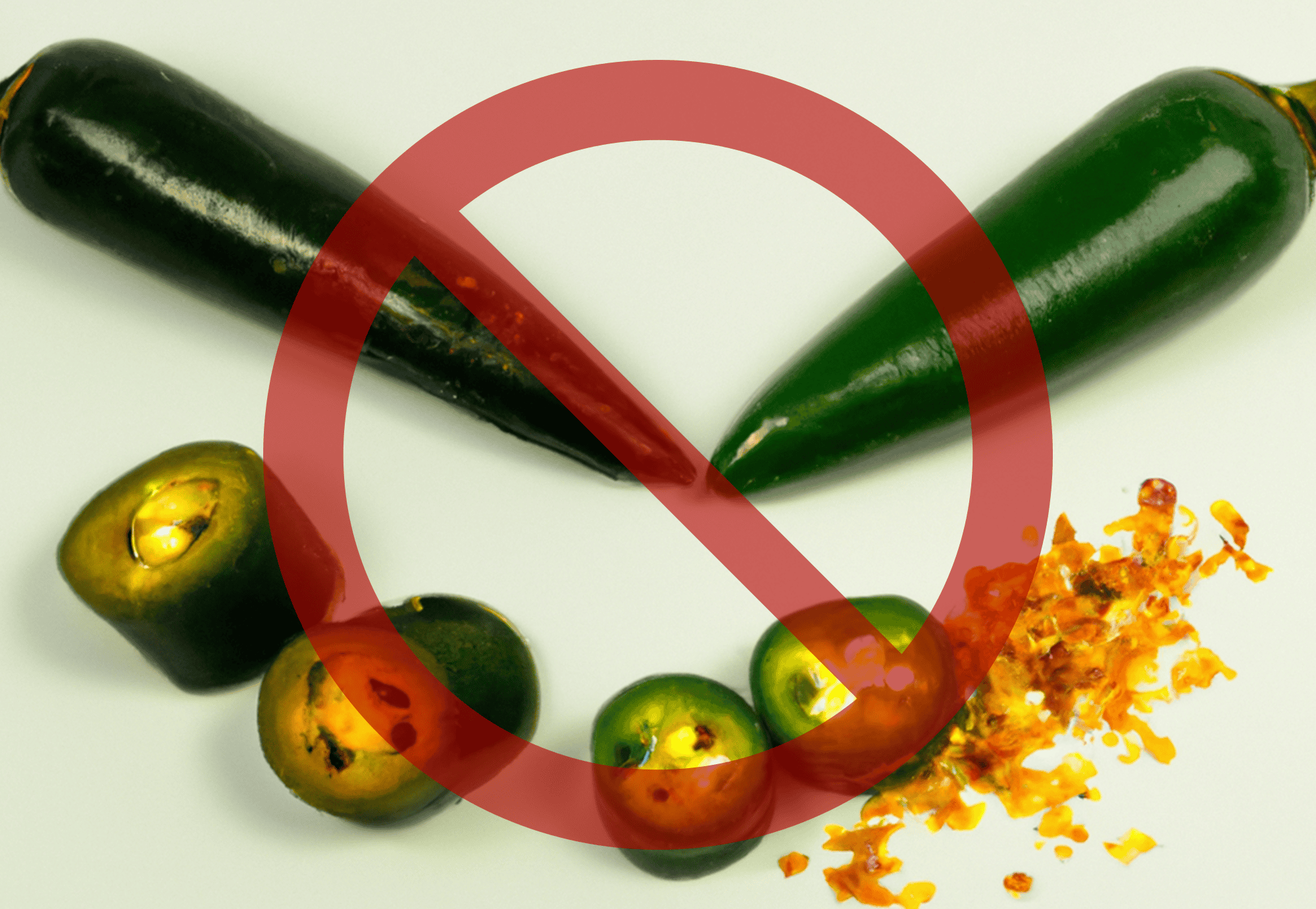 Close-up of jalapeño peppers marked with a no symbol. Avoid feeding spicy peppers to dogs to prevent poisoning.