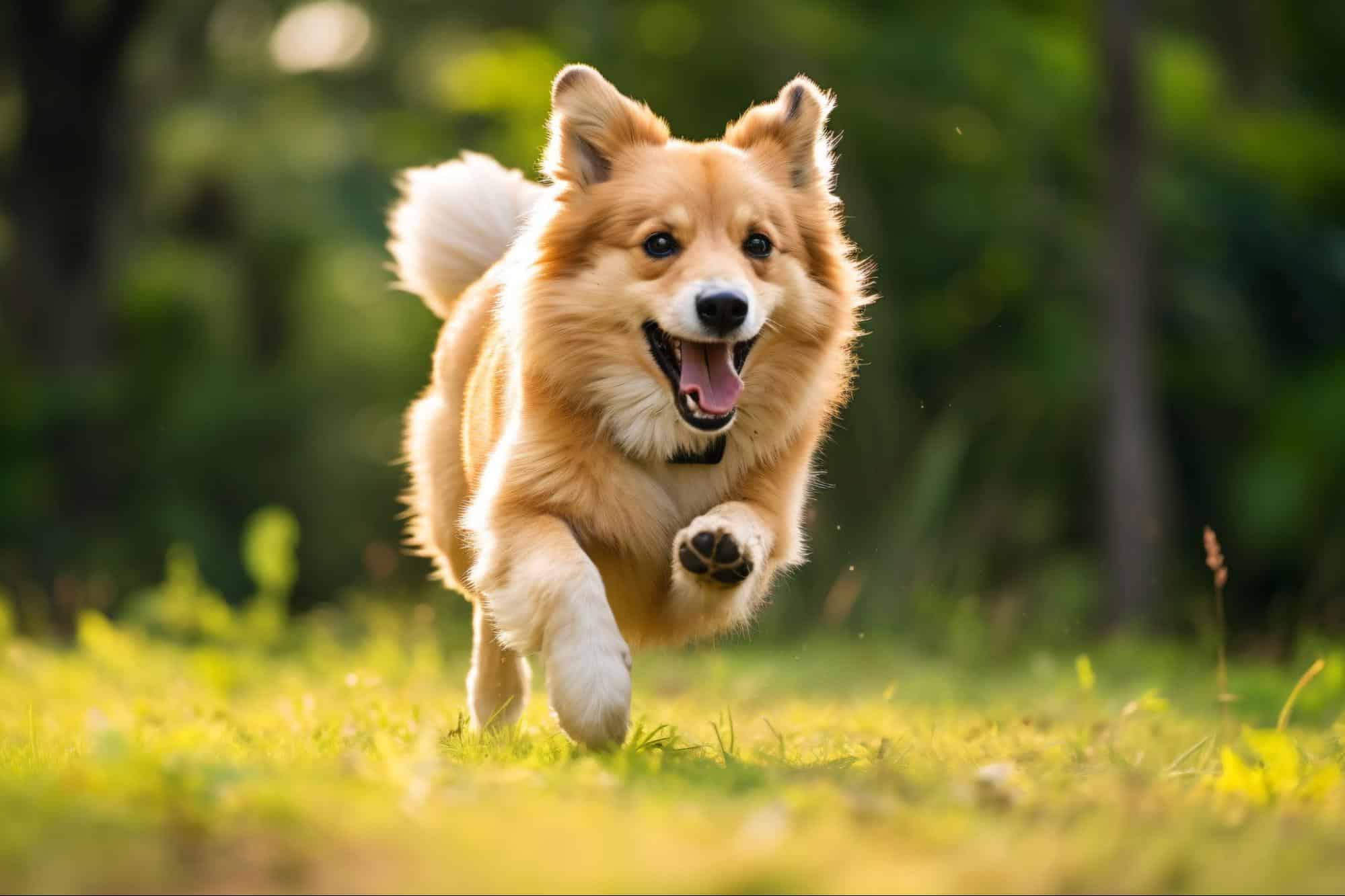 Playful dog running fast in a green field with trees in the background.