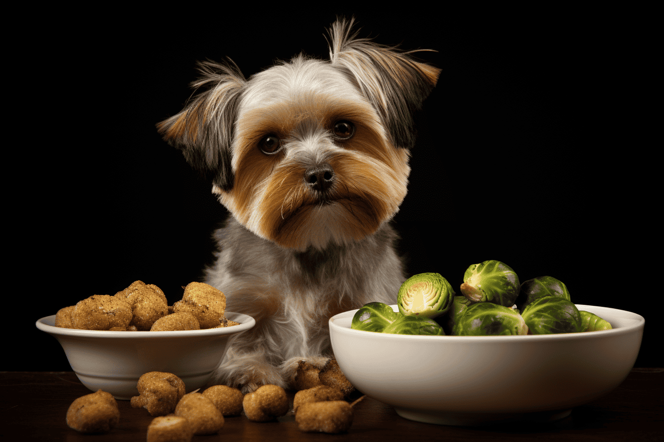 Cute small dog with bowls of Brussels sprouts and chicken nuggets, promoting healthy canine nutrition.