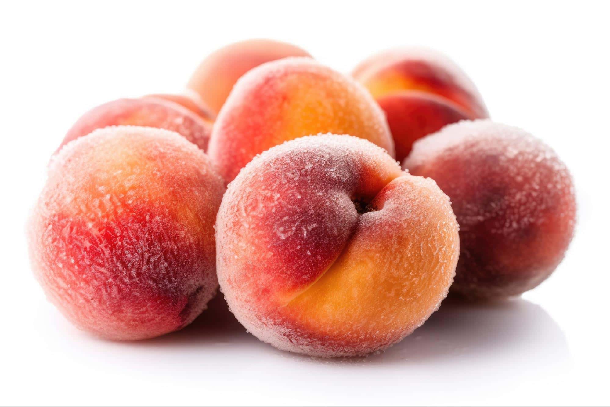 Frozen peaches covered with ice crystals, ready for ice cream and smoothies.
