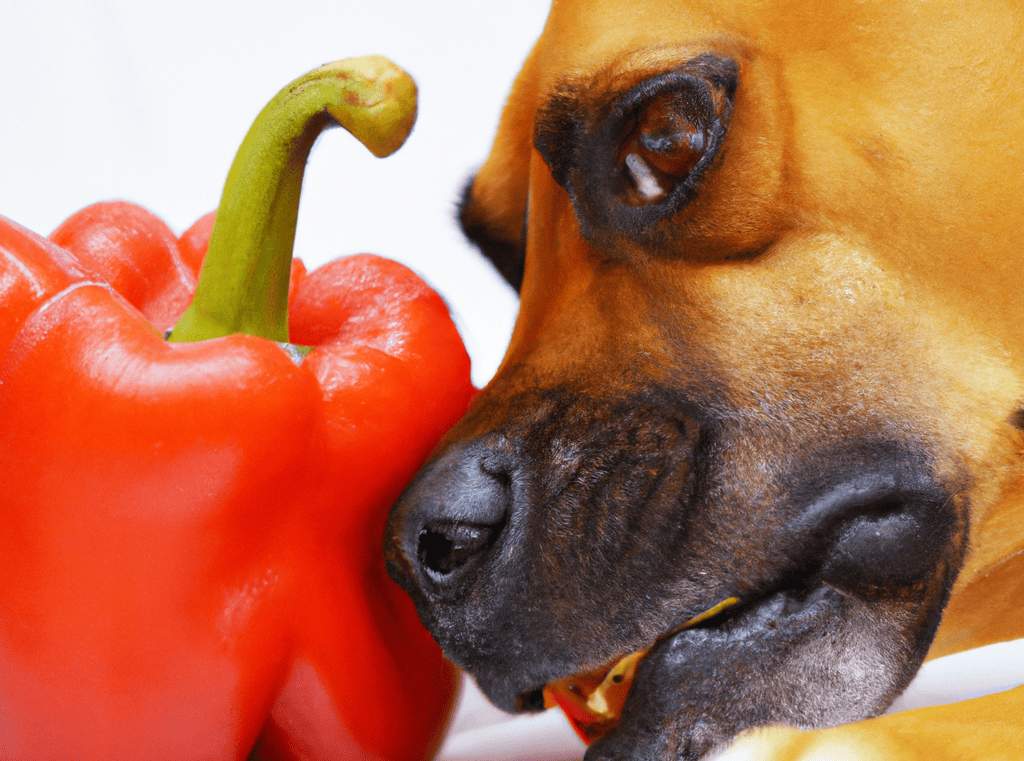 Close-up of a happy dog sniffing a red bell pepper, emphasizing healthy and natural dog treats.