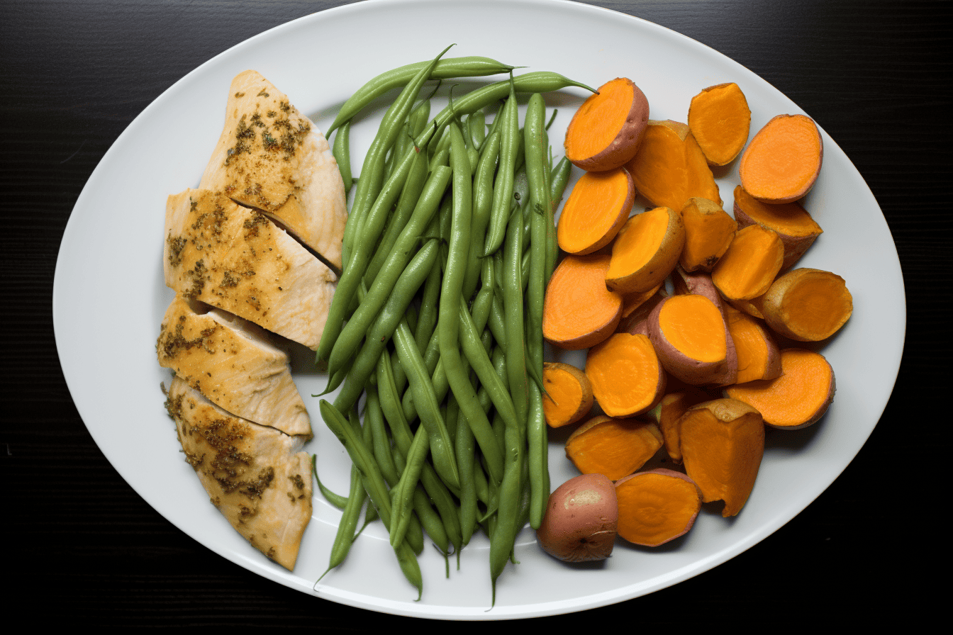 Nutritional dog food with chicken, green beans, sweet potatoes, and garlic for balanced canine diet.