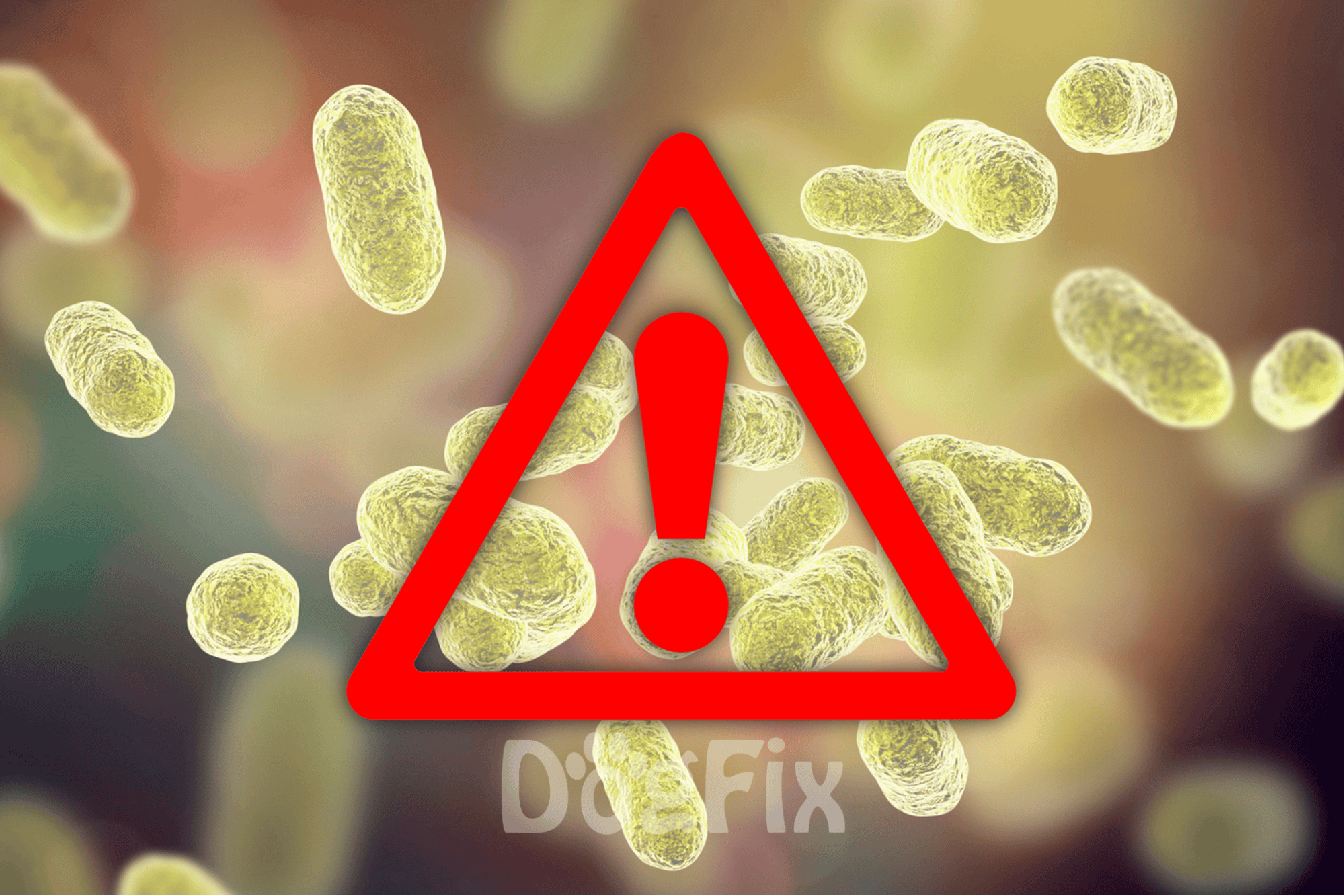 Close-up of bacteria with warning symbol overlay, indicating a bacterial infection or virus alert.