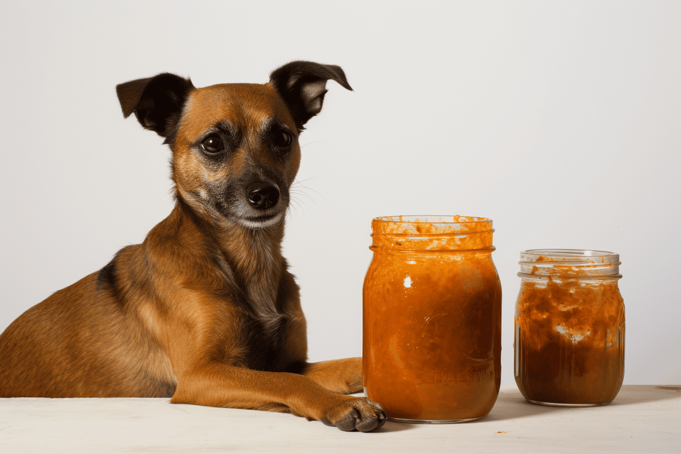 Dog with jars of fresh homemade dog food, high-quality natural ingredients for pet nutrition.