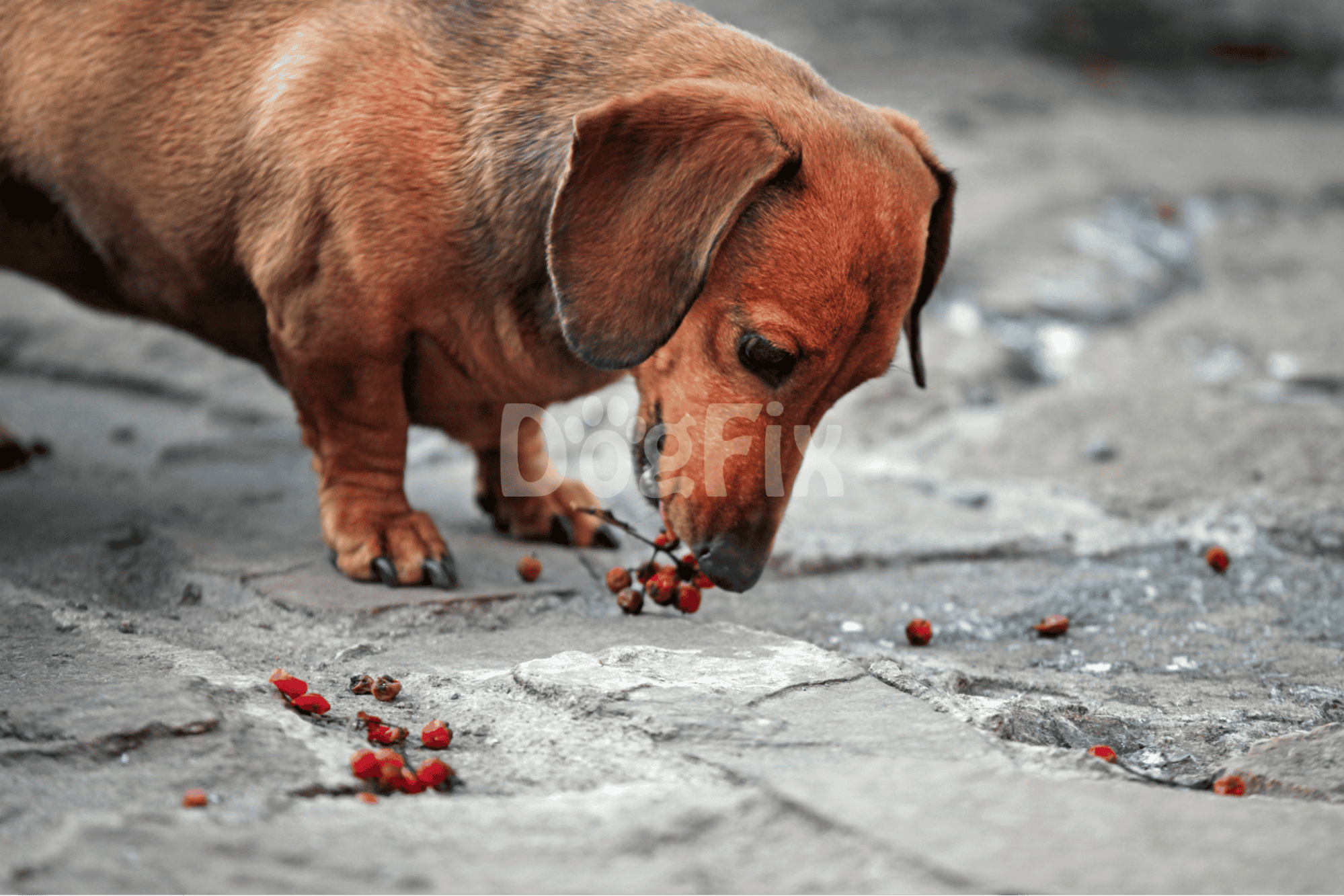 Adorable dachshund puppy outdoors snacking on berries, showcasing pet care and natural dog activities.