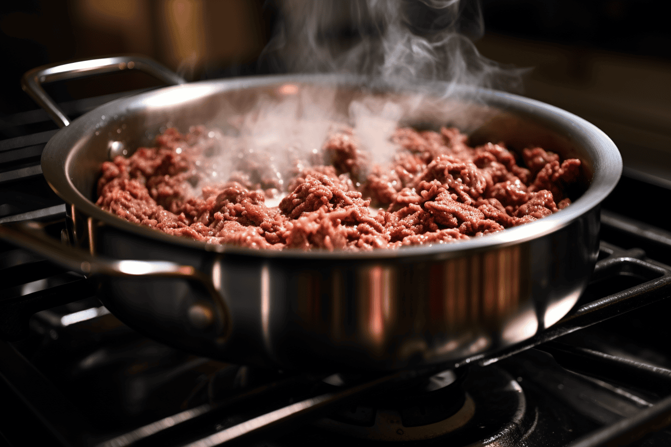A steaming skillet of fresh cooked ground beef for dog food.