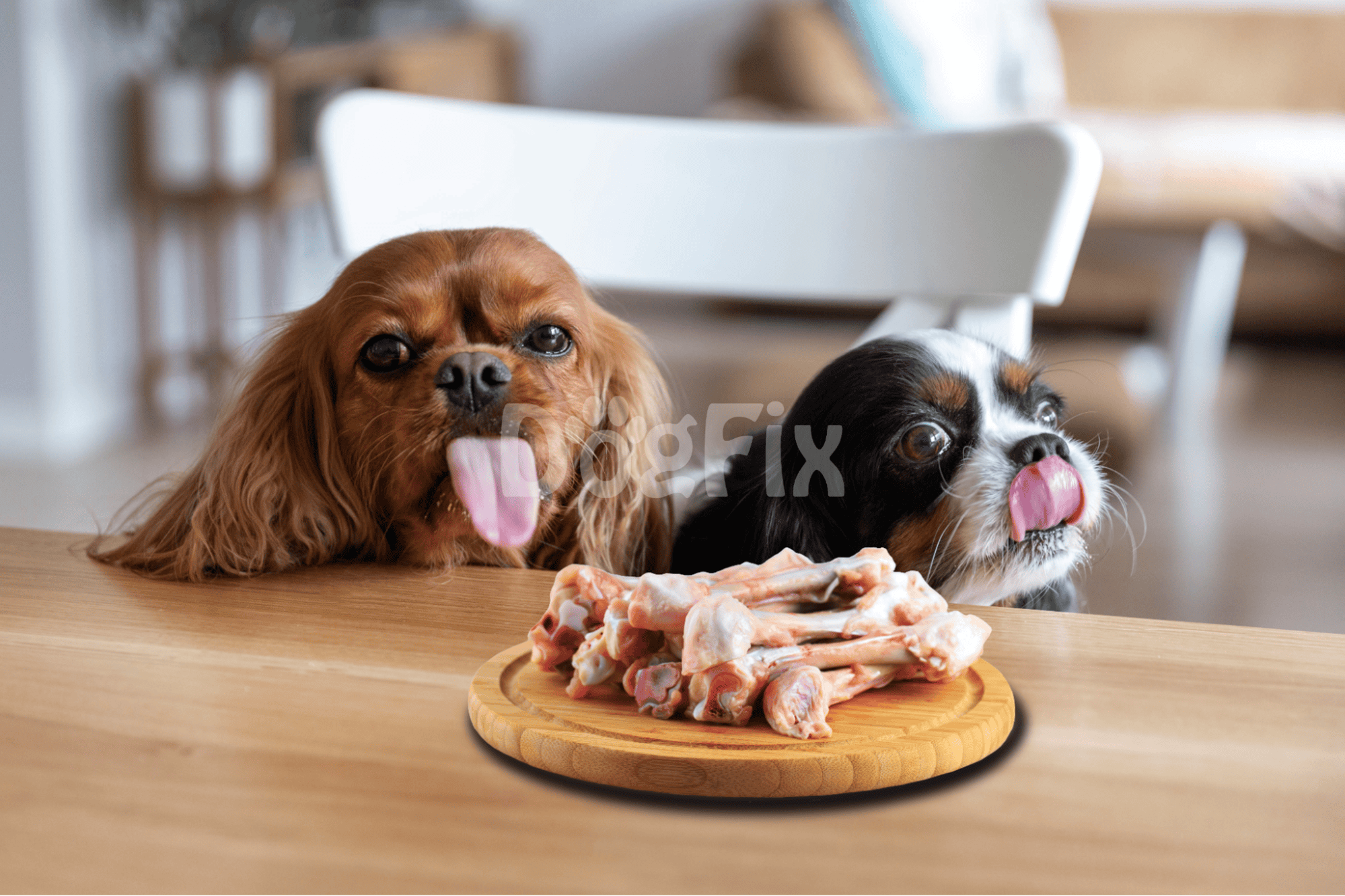 Adorable dogs with raw meat treats in a cozy home kitchen.