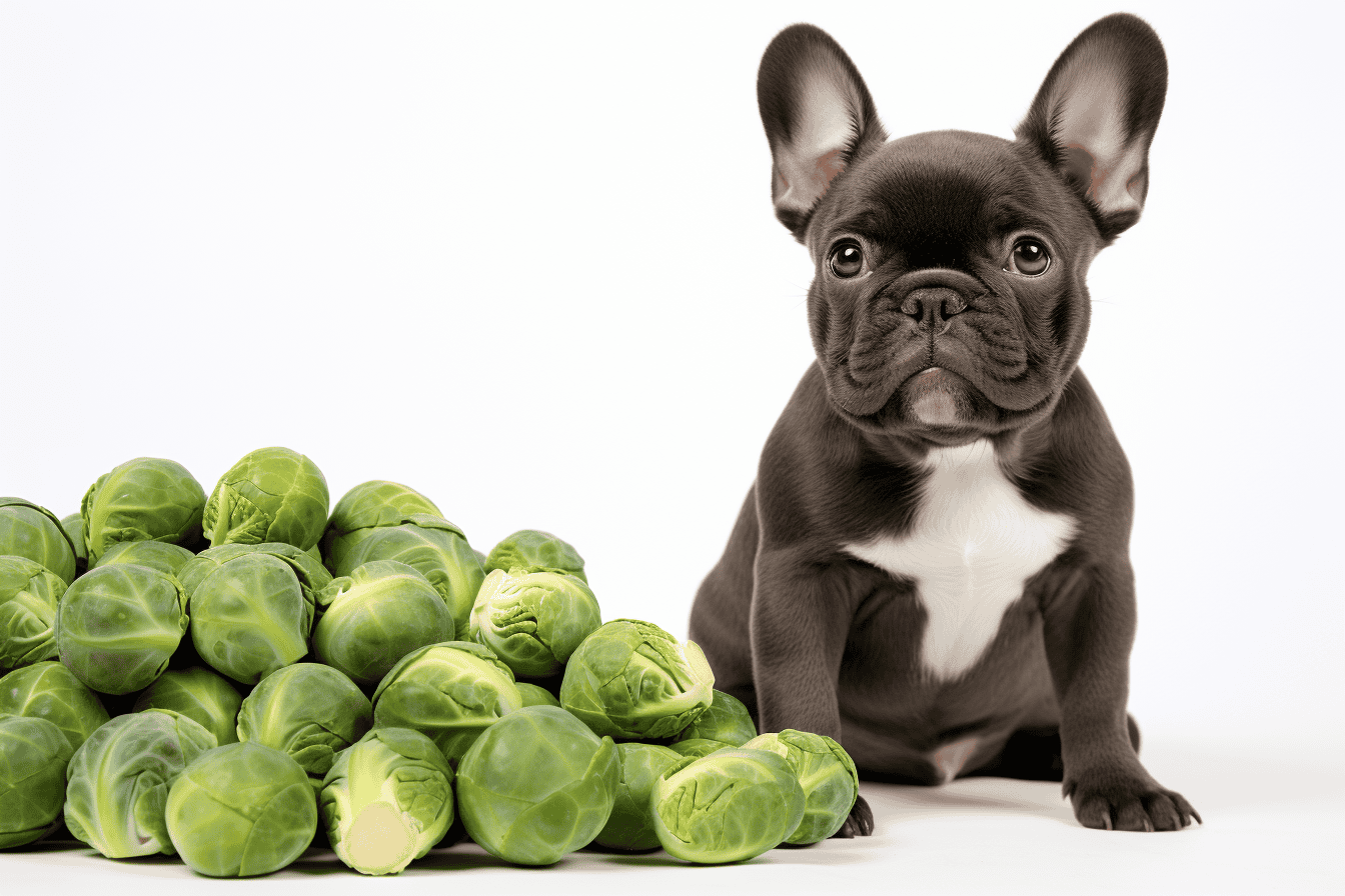 Adorable French Bulldog puppy sitting beside fresh Brussels sprouts on a white background.