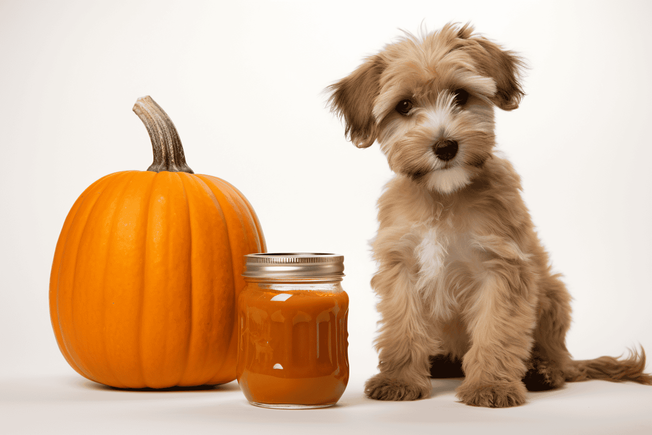 Adorable puppy with pumpkin and jar of pumpkin dog treats. Perfect for fall or Halloween pet snacks.