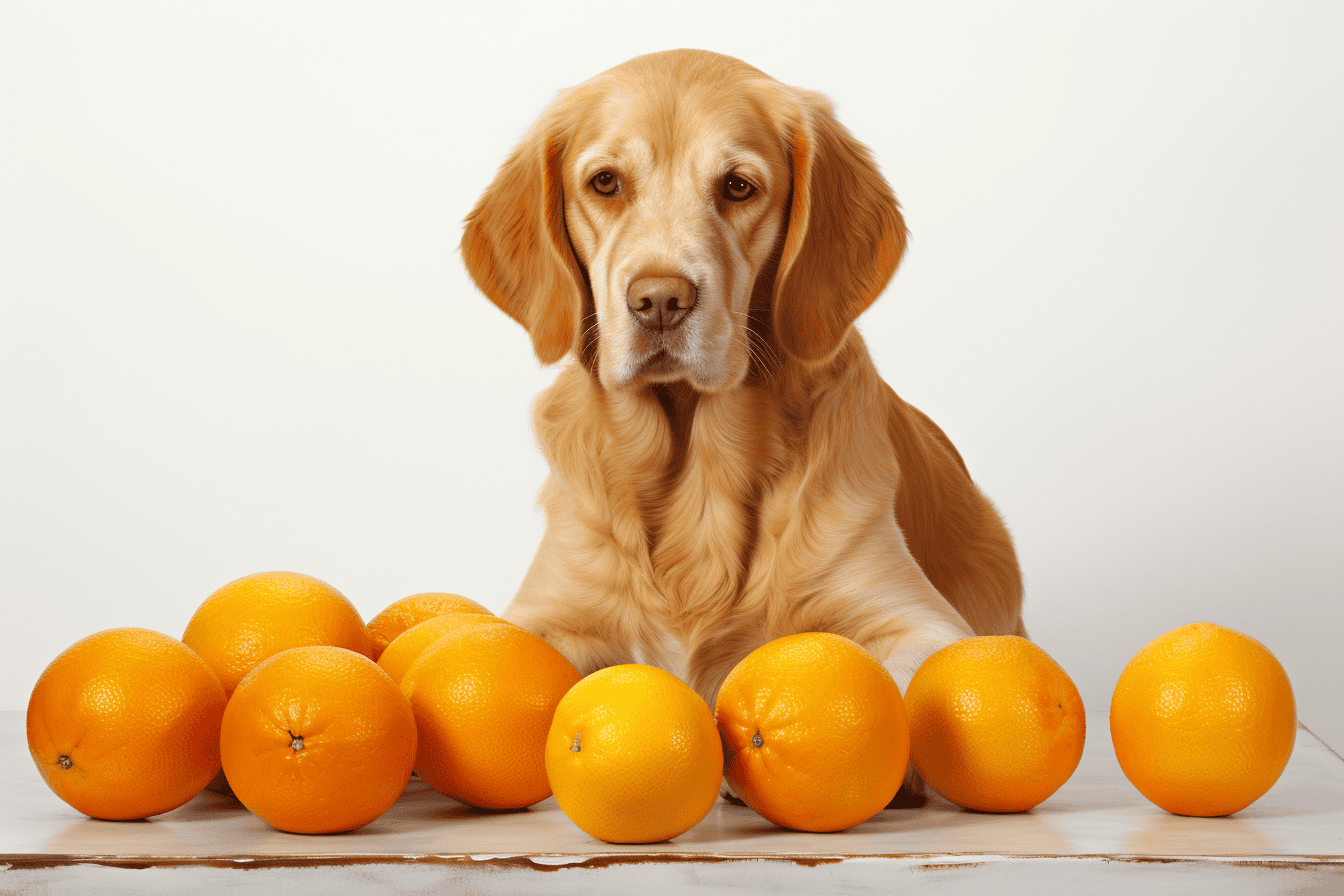 Golden retriever sitting beside oranges, promoting healthy dog diet, pet nutrition tips, fresh fruit for canine health.