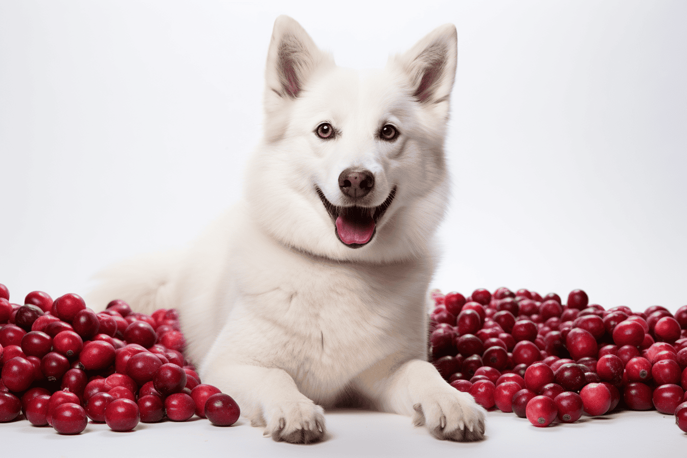 Bright white dog with a happy expression surrounded by fresh cranberries.