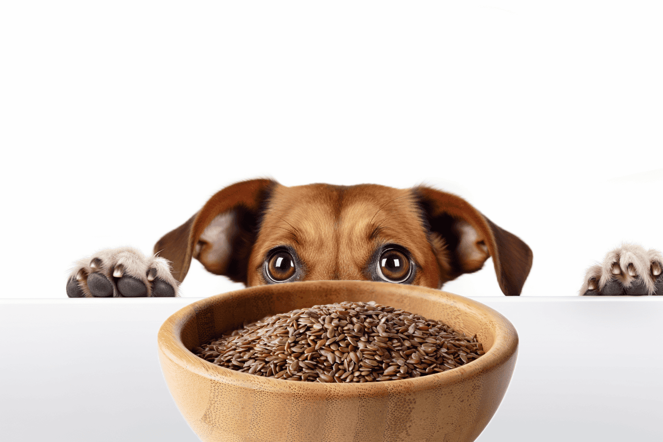 Baby puppy peering over table with bowl of flax seeds, looking curious and eager to eat.