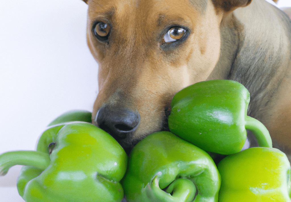 A cute dog sniffing fresh green bell peppers, highlighting healthy pet snacks and dog care tips.