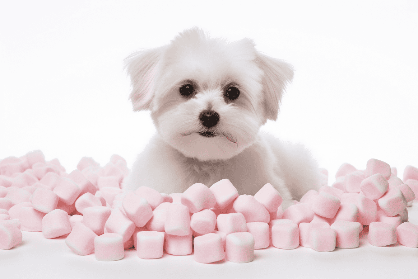 Adorable white fluffy puppy surrounded by pink marshmallows, perfect for pet and sweet treats themes.