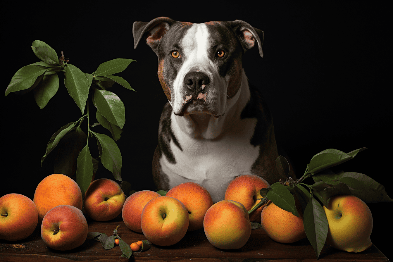 Dog with apples and foliage for healthy pet treats.