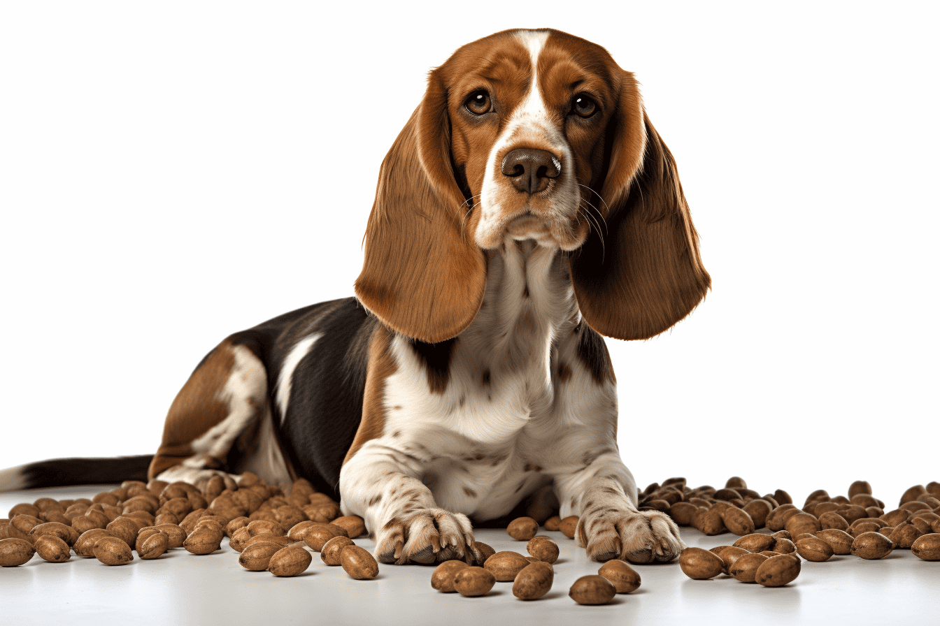 Adorable basset hound lying among nuts, looking at camera, white background.